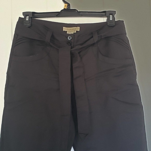 SANDRO Black Linen Pants Size 10 Mediu Pockets Belted Wide Leg Cropped Paper Bag - Picture 2 of 6